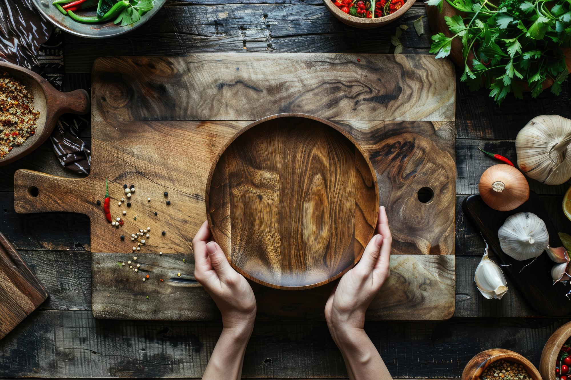 Chef arranging artisanal dish on wooden board